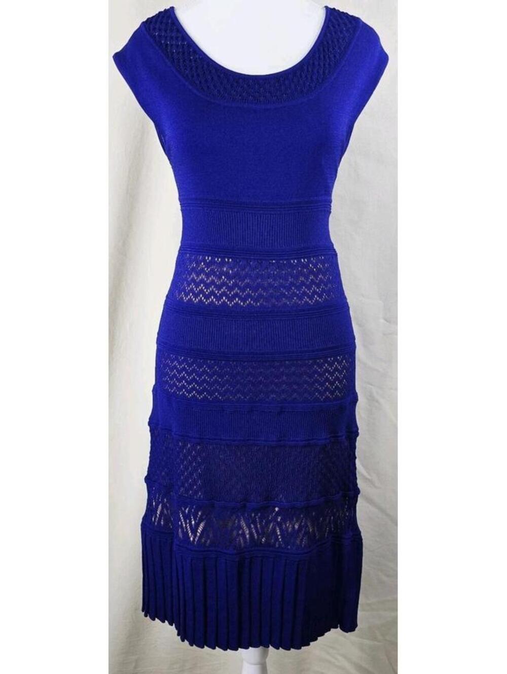 Catherine Malandrino Blue Knit Dress Size L Large NWOT Pointelle Fringe Hem